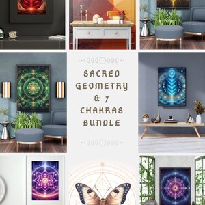 Puede incluir: Una colección de impresiones artísticas enmarcadas con diseños de geometría sagrada y chakras. Las impresiones muestran colores vibrantes y patrones intrincados, incluyendo una ilustración de mariposa y obras de arte estilo mandala. El texto "SACRED GEOMETRY & 7 CHAKRAS BUNDLE" también es visible.