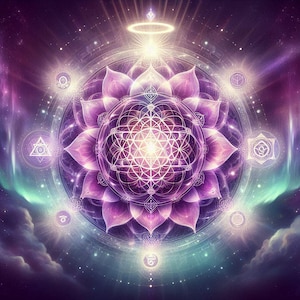 Peut inclure: Illustration numérique d'une fleur de lotus violette lumineuse au centre, entourée de formes et de symboles géométriques. L'arrière-plan présente une nébuleuse de violets, de bleus et de verts, avec une lumière vive émanant du centre, sur le thème spirituel ou cosmique.