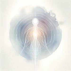Puede incluir: Ilustración abstracta de una figura humana con un centro brillante, rodeada por una red de líneas y un fondo suave, similar a una acuarela, en tonos de azul, morado y blanco. El diseño evoca temas de energía y espiritualidad.