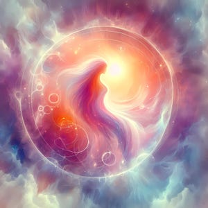 May include: An ethereal digital art piece featuring a silhouette of a figure with flowing hair, rendered in shades of pink, purple, and orange. The figure is enclosed within a circular frame, surrounded by swirling clouds and a bright, radiant light.