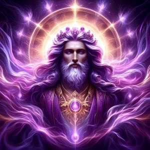 Puede incluir: Ilustración digital de una figura regia con largo cabello blanco y barba, vestida con una túnica y corona moradas. Un halo dorado y energía púrpura etérea rodean la figura, creando una atmósfera mística y divina.