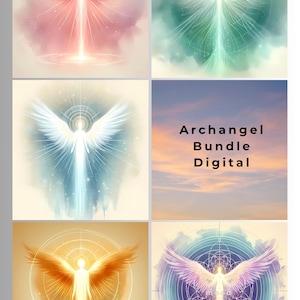 Puede incluir: Paquete de arte digital con seis figuras angelicales con alas extendidas. Cada imagen muestra una paleta de colores diferente, incluyendo rosa, verde, azul, naranja y morado. El texto "Archangel Bundle Digital" se muestra sobre un fondo de puesta de sol.