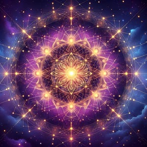 Puede incluir: Ilustración digital de un mandala celestial. El diseño presenta un motivo floral central que irradia hacia afuera, rodeado de líneas interconectadas y orbes brillantes. La paleta de colores incluye tonos de morado, dorado y azul, evocando una sensación de energía cósmica y espiritualidad.