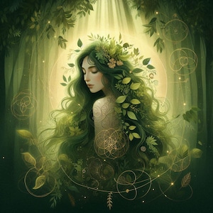 Puede incluir: Ilustración de una mujer con largo cabello verde adornado con hojas y flores, ambientada en un exuberante bosque verde. La mujer tiene los ojos cerrados y una expresión serena. La luz dorada y los patrones geométricos realzan la atmósfera mística.