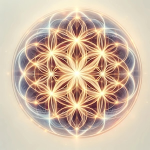 Puede incluir: Un diseño geométrico intrincado y brillante que recuerda un patrón de flor de la vida. La obra de arte presenta una disposición floral central con líneas radiantes en tonos dorados, naranjas y blancos, sobre un fondo claro.