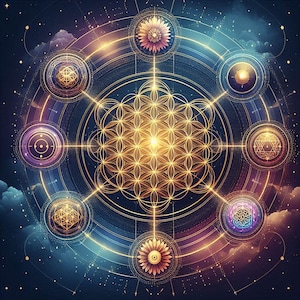 Puede incluir: Un patrón geométrico dorado, conocido como la Flor de la Vida, está rodeado de ocho círculos más pequeños que contienen varios símbolos. El fondo es azul oscuro con toques de nubes moradas y rosadas.