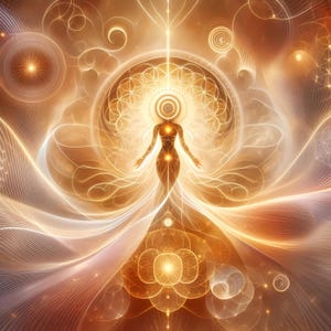 Puede incluir: Ilustración digital de una figura radiante con los brazos extendidos, rodeada de luz arremolinada y patrones geométricos. La paleta de colores se compone de tonos cálidos de oro, naranja y blanco, creando una sensación de energía y despertar espiritual.