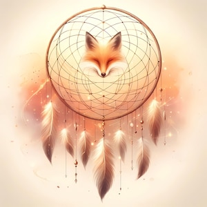 Peut inclure: Un attrape-rêves avec un visage de renard au centre, dans un motif de toile circulaire. Il est orné de plumes marron et de petites perles, sur un fond aux tons chauds. L'œuvre évoque la tranquillité et la nature.