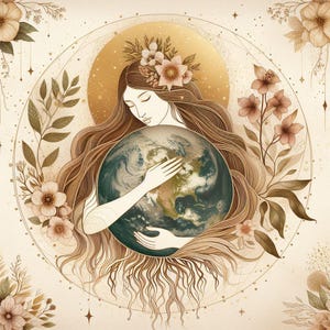 Puede incluir: Ilustración de una mujer abrazando la Tierra, rodeada de elementos florales. La mujer tiene el pelo largo castaño y está adornada con flores. La Tierra está representada en tonos azules y verdes, con los continentes visibles.