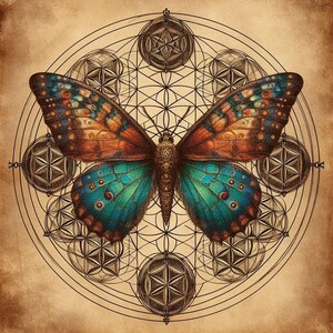 Puede incluir: Ilustración detallada de una mariposa con intrincados patrones en las alas en tonos naranja, azul y marrón. La mariposa está centrada dentro de un diseño geométrico de círculos y formas interconectados, sobre un fondo sepia.