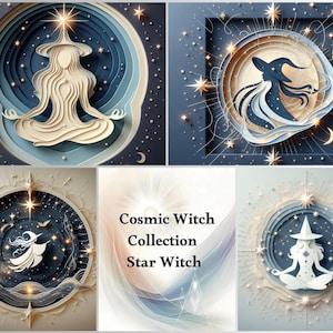 Puede incluir: Una colección de cinco impresiones de arte digital con ilustraciones de estilo de papel recortado en capas que muestran brujas en entornos celestiales. La imagen central muestra el texto Cosmic Witch Collection Star Witch en fuente negra.