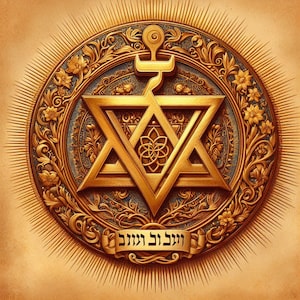 Puede incluir: Un emblema dorado detallado con una Estrella de David en el centro, rodeada de patrones florales y un diseño de rayos de sol radiantes. El emblema incluye texto hebreo en una pancarta, todo sobre un fondo cálido y marrón.