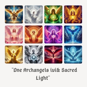 Puede incluir: Una colección de doce impresiones de arte digital que representan arcángeles con alas y halos vibrantes. Cada imagen muestra un ángel diferente en varios colores, incluyendo oro, azul, rosa y púrpura. El texto "One Archangels ivi& Sacred Light" está en la parte inferior.