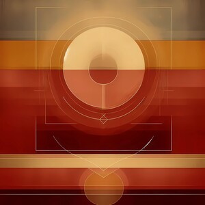 Puede incluir: Obra de arte geométrica abstracta con una paleta de colores cálidos. La obra presenta una gran forma circular en el centro, con una serie de líneas y formas geométricas. Los colores incluyen tonos de rojo, naranja y dorado, creando una sensación de profundidad y dimensión.