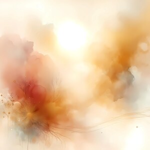 Puede incluir: Pintura abstracta en acuarela con una paleta de colores cálidos. La obra presenta suaves tonos mezclados de naranja, melocotón y crema, con toques de rojo y marrón. Delicadas líneas en forma de ramas y acentos florales añaden detalles a la composición onírica.