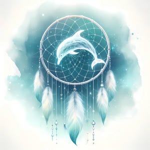 May include: A dreamcatcher featuring a glowing dolphin within a webbed circle. The design incorporates white and teal feathers, beads, and a soft, watercolor-style background. The artwork evokes a sense of serenity and the ocean.