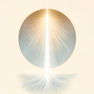 Puede incluir: Obra de arte abstracta con una luz blanca brillante central que emana de una forma circular. El círculo tiene un degradado de azul claro a dorado, con líneas radiantes. El fondo es de color blanco roto suave.