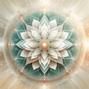 Puede incluir: Ilustración digital de una flor de loto en tonos blancos, turquesa y dorados. La flor está centrada en un marco circular, rodeada de luz radiante y detalles intrincados, creando una sensación de serenidad y espiritualidad.