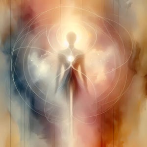 Può includere: Opera d'arte digitale astratta con una figura silhouette al centro, che irradia luce. La figura è circondata da linee vorticose e uno sfondo morbido e colorato di tonalità arancioni, rosa e blu. L'opera d'arte evoca un senso di spiritualità ed energia.