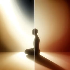 Puede incluir: Silueta de una persona en posición de meditación sentada. La figura está situada frente a un fondo brillante y lleno de luz, con una larga sombra proyectada en el suelo. La imagen está dividida verticalmente, con una zona más oscura a la izquierda.