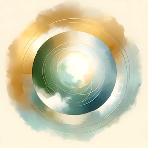 Puede incluir: Impresión artística abstracta con un diseño circular con elementos de acuarela dorados, verdes y azules. La obra de arte tiene una cualidad suave y etérea con círculos concéntricos y un centro brillante, creando una sensación de profundidad y movimiento.