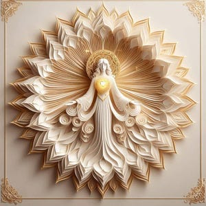 Puede incluir: Una pieza de arte mural con una figura central de cabello largo y brazos extendidos, posicionada frente a un gran diseño de flor de loto en capas de color crema. Un corazón brillante se sitúa en el centro, rodeado por un halo dorado.