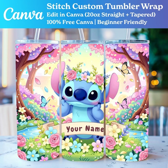20oz Stitch Custom Name Tumbler Wrap PNG, Canva Editable Template, Skinny Straight & Tapered, Custom Name Stitch Floral Tumbler Wrap