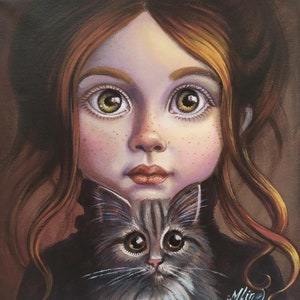 May include: A painting of a young girl with long brown hair and a gray and white cat. The girl is wearing a dark brown turtleneck sweater. The cat is sitting on her shoulder and looking at the viewer.
