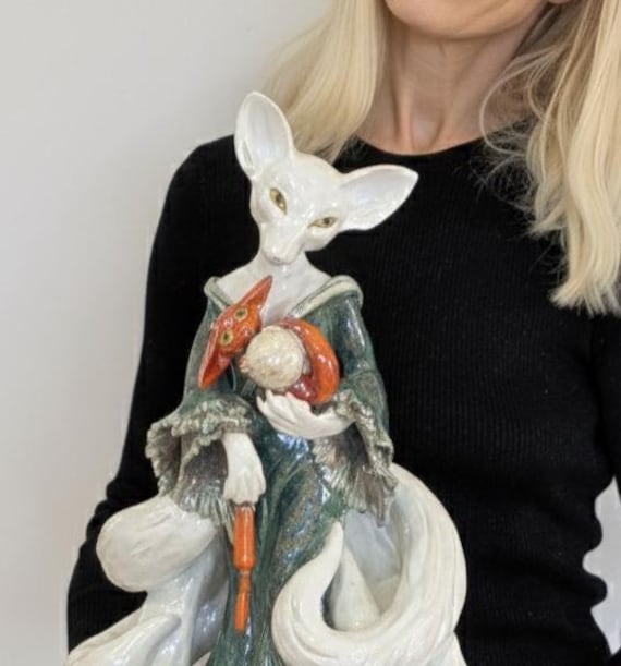Handmade Ceramic Inari Okami Kitsune Sculpture, Japanese Zen Decor