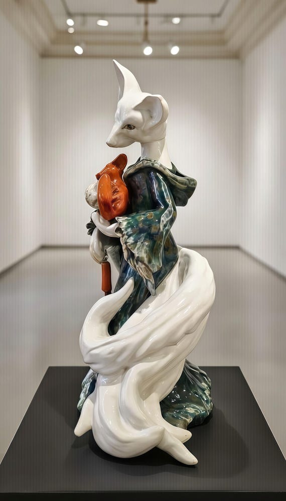 Handmade Ceramic Inari Okami Kitsune Sculpture, Japanese Zen Decor