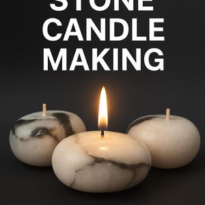 May include: Three stone candles with a marble-like pattern. One candle is lit, with a bright flame. The text "STONE CANDLE MAKING" is at the top of the image. The candles are on a dark background.