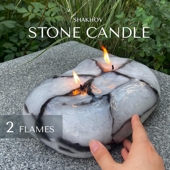 Outdoor stone Candle - Handmade Candles for Room Decor and outdoor use - stone Unique Candle - stone Candle Gift Set. Rock candle