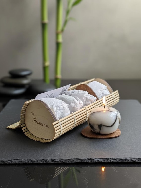 Minimalist Candle Stones Set | 4pcs in Bamboo Box | White Marble Decor Candles | Natural Stone Look Tealights | Handmade Gift by SHAKHOV