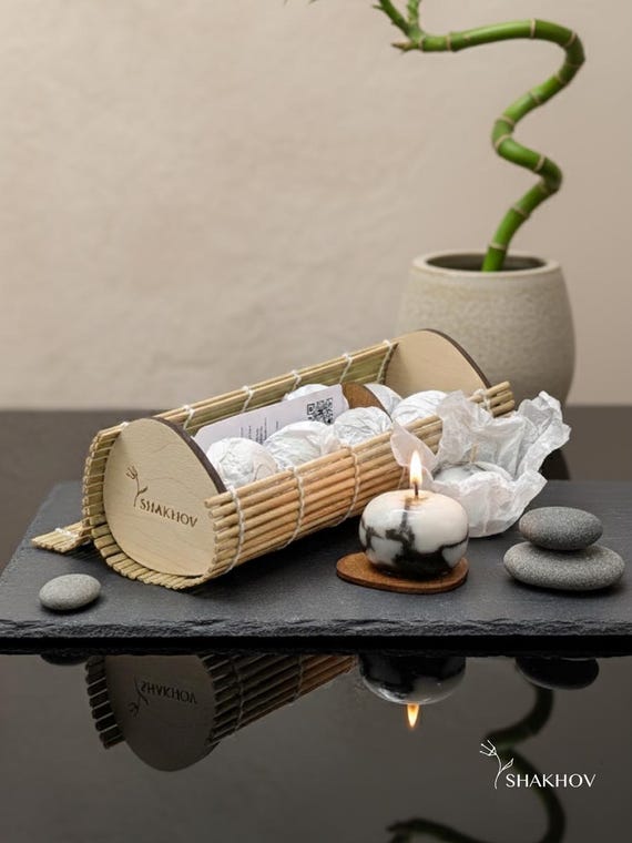 Handmade Marble Stone Candle Set: Bamboo Box, Natural Wax (8pcs)