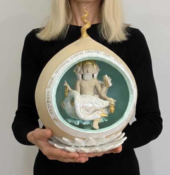 Handmade Brahma Ceramic Sculpture – Hindu God Idol, Sacred Art