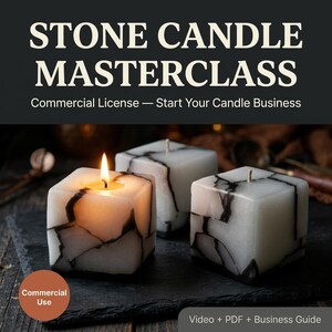May include: Three square candles with a stone-effect and marbled design. One is lit, emitting a warm glow. The image includes text: "STONE CANDLE MASTERCLASS" and "Commercial License - Start Your Candle Business."