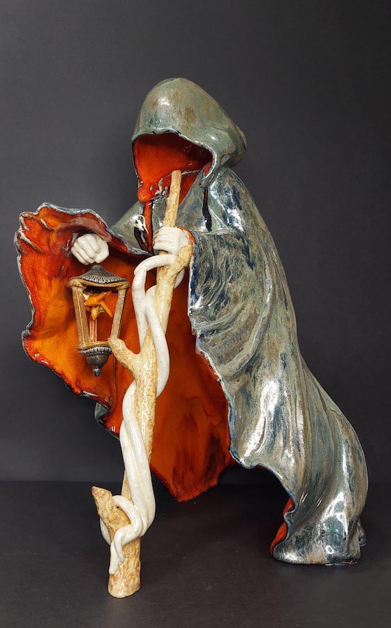 The Hermit Tarot Sculpture - 9th Arcana Ceramic Art Statue - Original Esoteric Home Decor - Spiritual Altar Figurine - Occult Handmade Gift