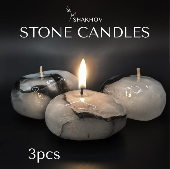 Personalized stone Candle. Set of 3pcs M-size. Handmade Candles for Room Decor and outdoor use. Unique Candle. Rock candle. White Marble