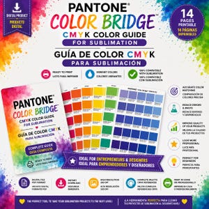 Pode incluir: Um guia de cores CMYK Pantone Color Bridge para sublimação, com uma paleta de cores vibrantes. O guia inclui o texto "CMYK Color Guide for Sublimation" e "Ideal for Entrepreneurs & Designers."