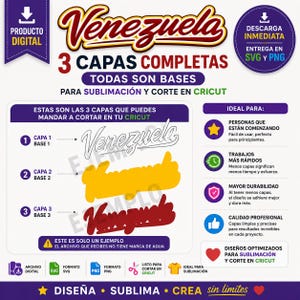 May include: Digital design for sublimation and Cricut cutting, featuring the word "Venezuela" in three layers. Includes SVG and PNG formats. The design is optimized for beginners and offers professional quality results.