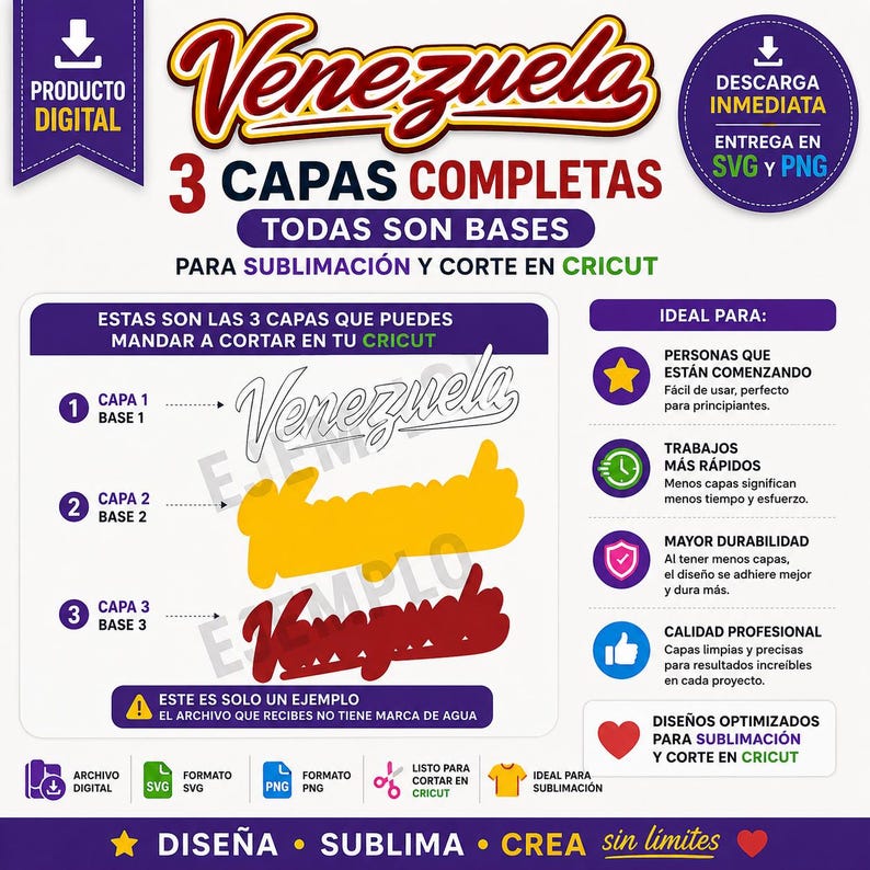 May include: Digital design for sublimation and Cricut cutting, featuring the word "Venezuela" in three layers. Includes SVG and PNG formats. The design is optimized for beginners and offers professional quality results.
