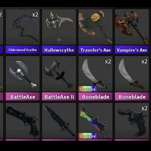 Op de afbeelding: Een digitaal inventarisraster met diverse virtuele wapens, waaronder zeisen, bijlen, zwaarden en pistolen. De items zijn gelabeld met namen zoals Batwing, Elderwood Scythe, Hallowscythe, Traveler's Axe, Vampire's Axe, Alienbeam, Bat, BattleAxe, Boneblade en Candleflame.