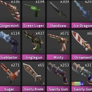 Pode incluir: Uma grade de inventário digital exibindo dezoito armas virtuais, incluindo várias espadas, pistolas e blasters. Cada item está rotulado com seu nome, como Gingerblade, Ice Dragon e Snowcannon, juntamente com um multiplicador de quantidade.