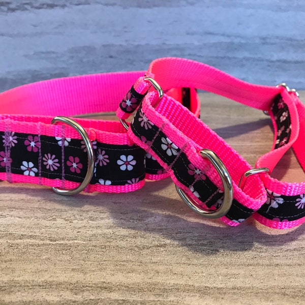 Daisy Chain Dog Hot Pink Martingale Dog Collar,  Training dog collar, Greyhound dog collar. Collars dogs can't back out of!