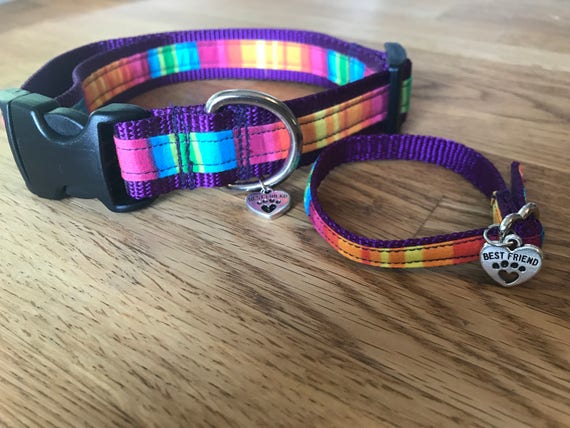 Best Friend Bracelet and Pet Collar Set in Rainbow Print on Purple Webbing. Etsy Australia