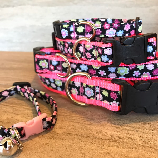 Pink Posey Dog Collar, Hot pink dog collar, Bright Floral Dog Collar, Garden dog collar.