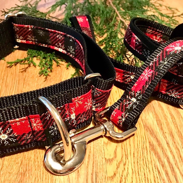 Winter Plaid Red and Black, Holiday Martingale Dog Collar,  Training dog collar, Greyhound dog collar. Dog collars for sighthounds.
