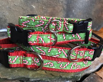 Candy Cane on Grinch Green with red webbing , Regular Adjustable Dog Collar, Stretch cat collar, leash, key fob, best friend bracelet.