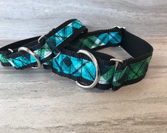 Argyle Plaid Blue, Green and black Martingale Dog Collar, Training dog collar, Greyhound/ nonslip safety dog collar. Matching leashes, brace