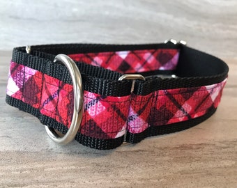 Argyle Plaid Pink, Red and Black Martingale Dog Collar, Training dog collar, Greyhound/ nonslip safety dog collar. Matching leashes, brace